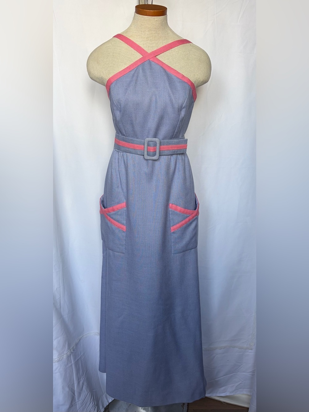 1970s Rare Mollie Parnis Boutique High-Neck Cross-Halter Sundress / Maxi Dress